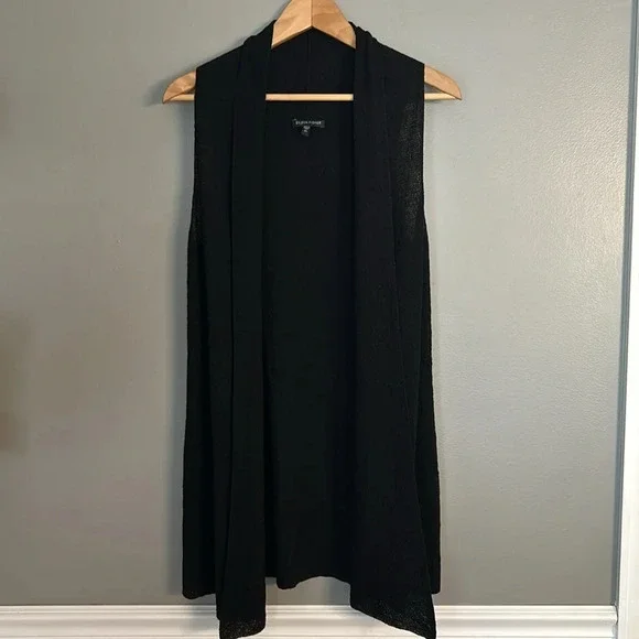 Eileen Fisher Black Wool Open Sweater Vest, XS, Draped Front - Picture 2 of 6